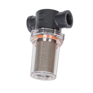 Inline water filter with clear bowl and stainless steel screen for pressure washer systemsv